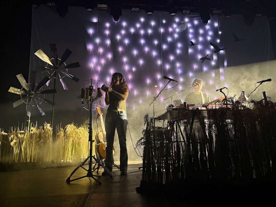 Stage lighting array at live event from above